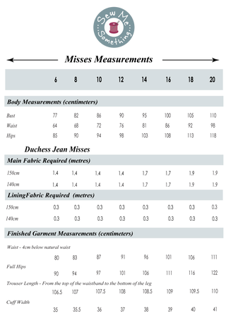 Duchess Jeans Misses Measurement Chart